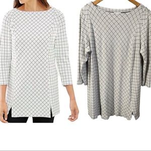 J. Jill White/Black Ponte Windowpane Boat Neckline 3/4 Sleeves Tunic Top size L